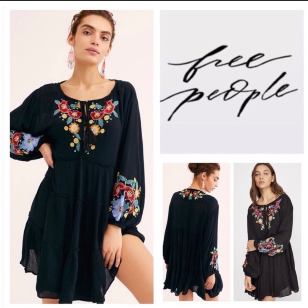 Free People Spell On You Embroidered Black Dress, Small EUC